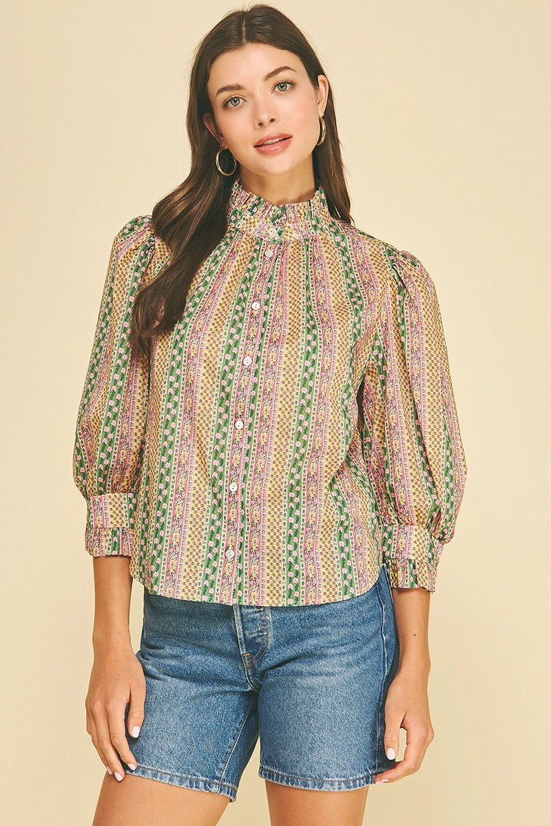 Floral Botanical Print Button Down Blouse - Green Multi