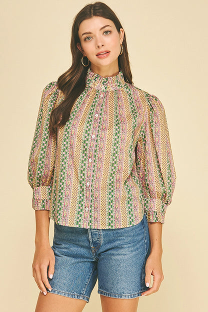 Floral Botanical Print Button Down Blouse - Green Multi