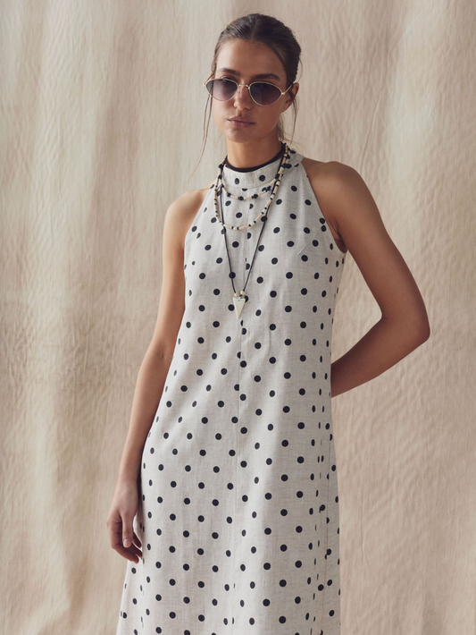 Olivia Linen Dress - Natural and Black Polka Dots