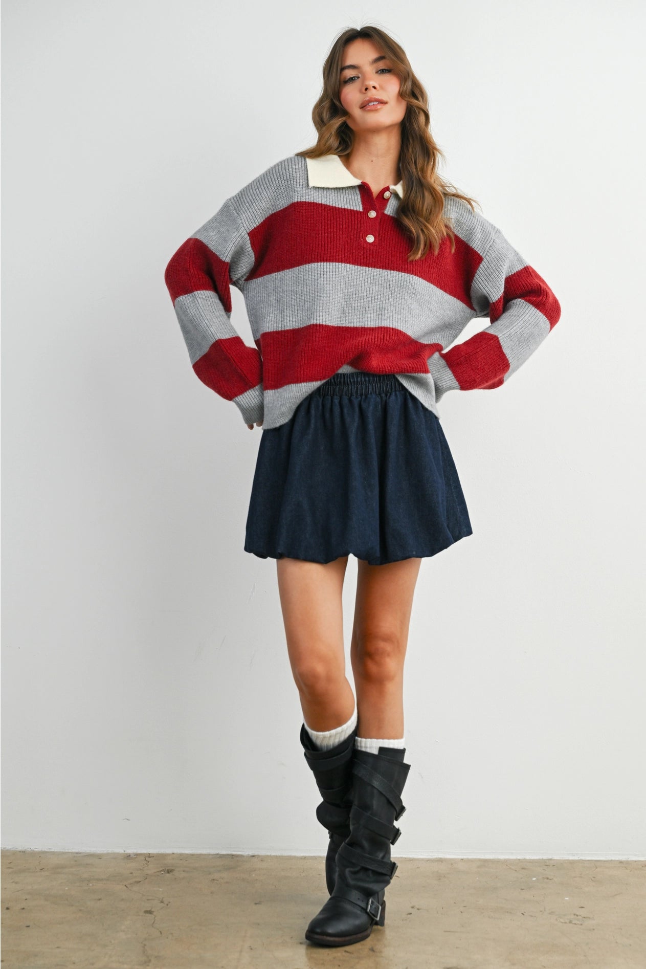 Buttoned Striped Collared Long Sleeve Top - Grey/Burgundy