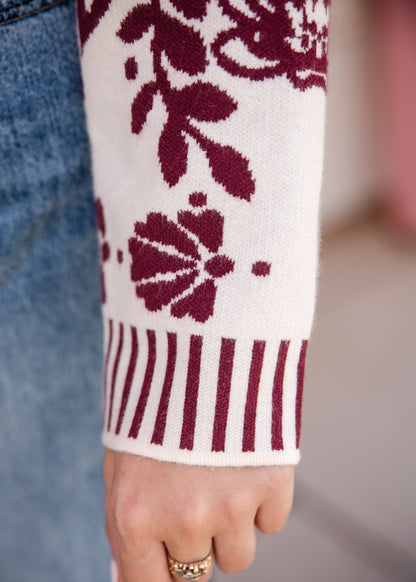 Floral V-Neck Cardigan with Gold Buttons - Burgundy