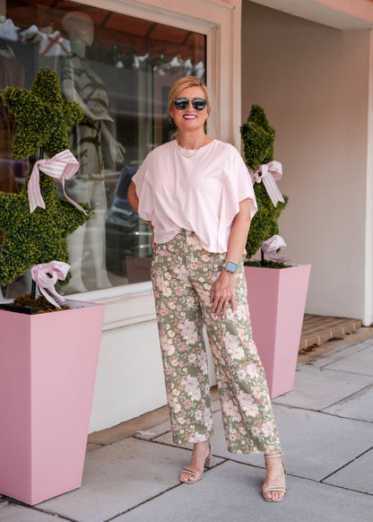 Floral Print Pants with Front Seam Detail - Olive