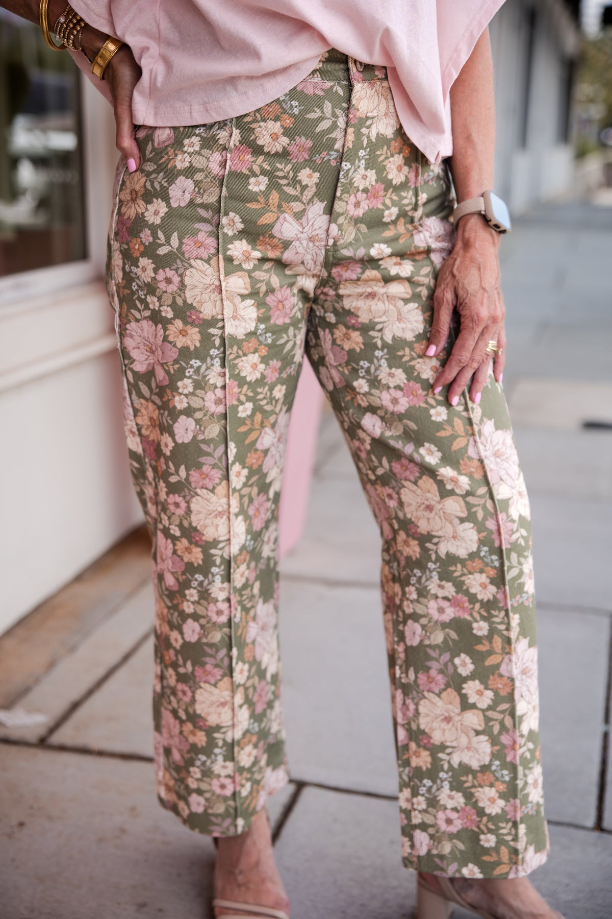 Floral Print Pants with Front Seam Detail - Olive