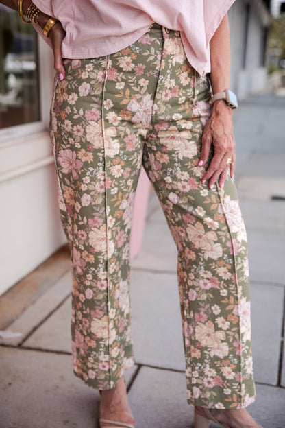 Floral Print Pants with Front Seam Detail - Olive