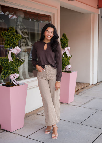 Striped Wide Leg Cropped Pants - Brown