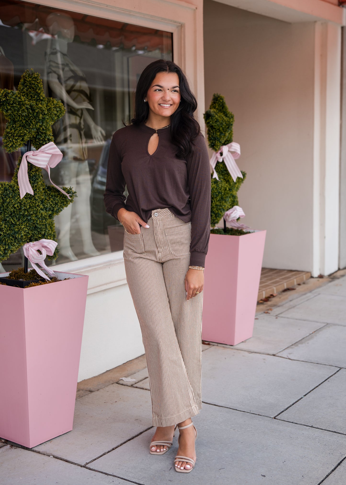 Striped Wide Leg Cropped Pants - Brown