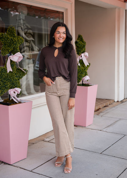 Striped Wide Leg Cropped Pants - Brown