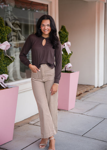 Striped Wide Leg Cropped Pants - Brown