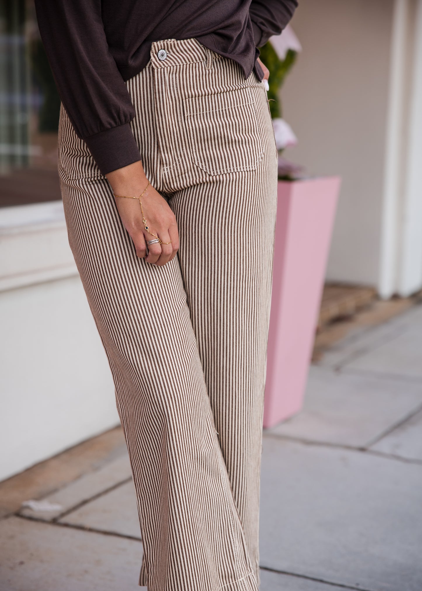 Striped Wide Leg Cropped Pants - Brown