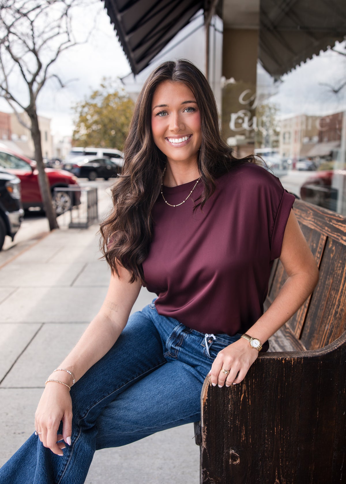 Roll Up Sleeve Satin T-Shirt - Merlot