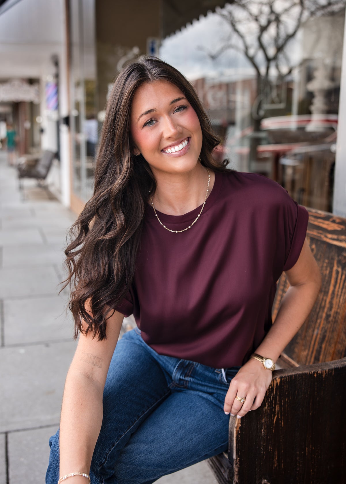Roll Up Sleeve Satin T-Shirt - Merlot