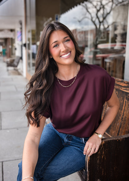 Roll Up Sleeve Satin T-Shirt - Merlot