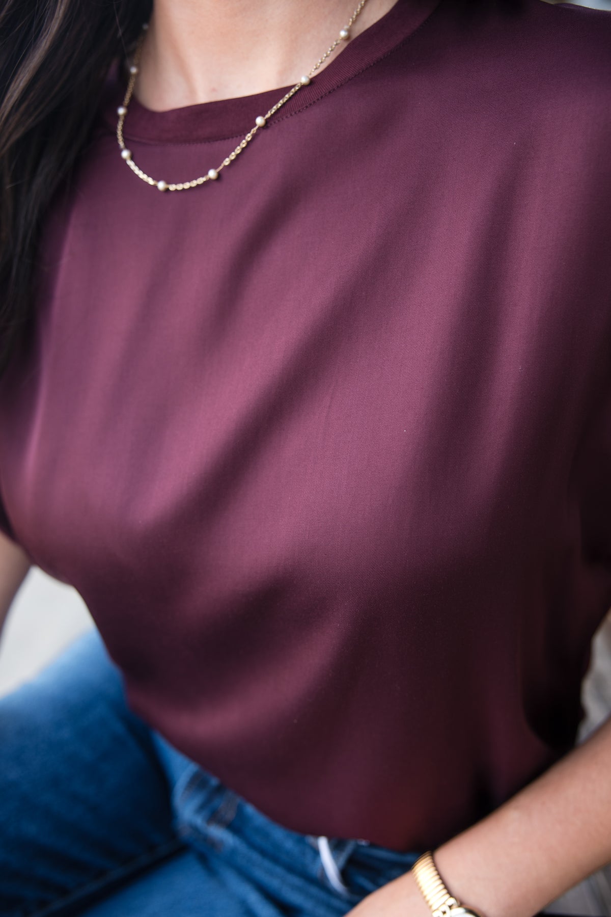 Roll Up Sleeve Satin T-Shirt - Merlot