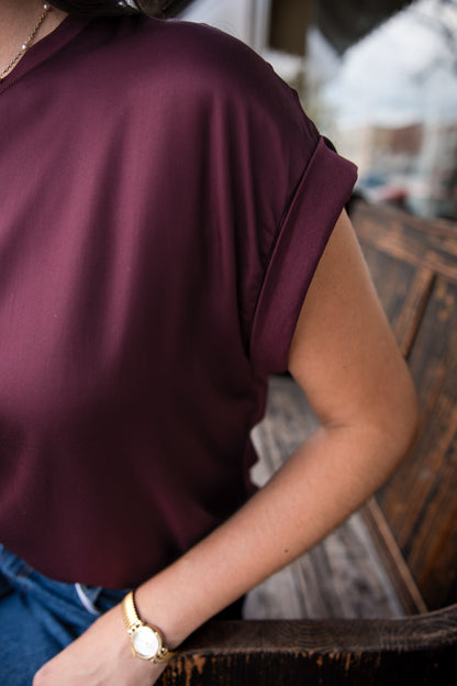 Roll Up Sleeve Satin T-Shirt - Merlot