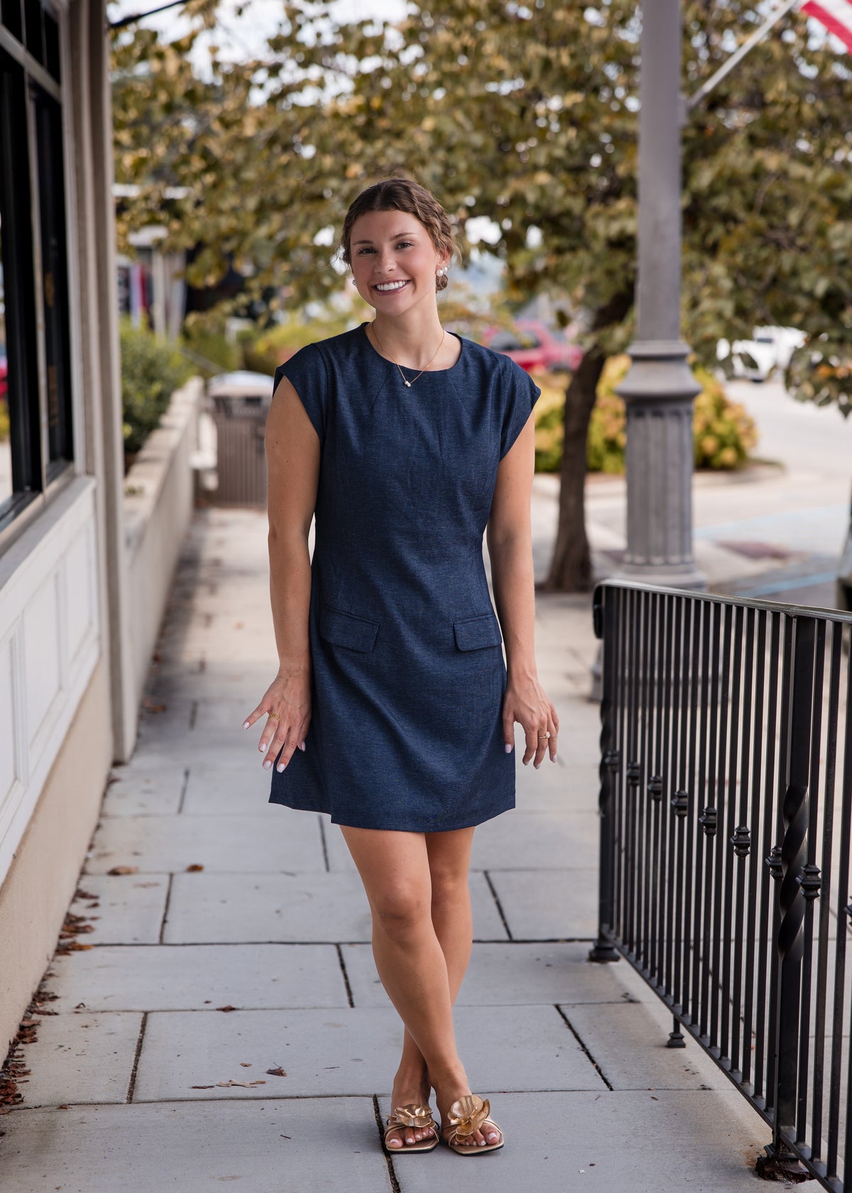 Denim Short Dress with Front Pockets - Navy