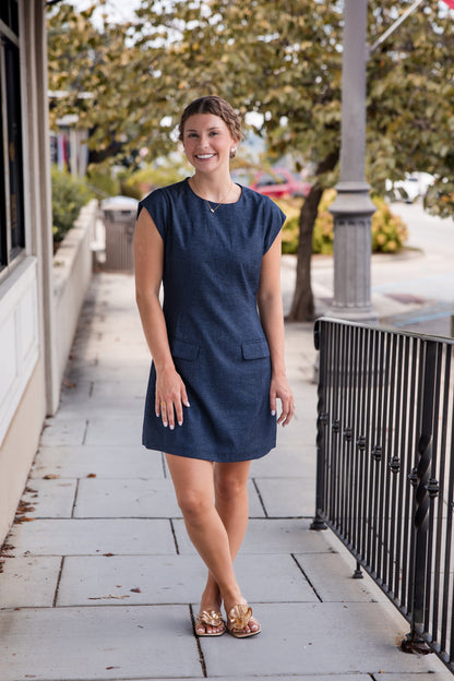 Denim Short Dress with Front Pockets - Navy