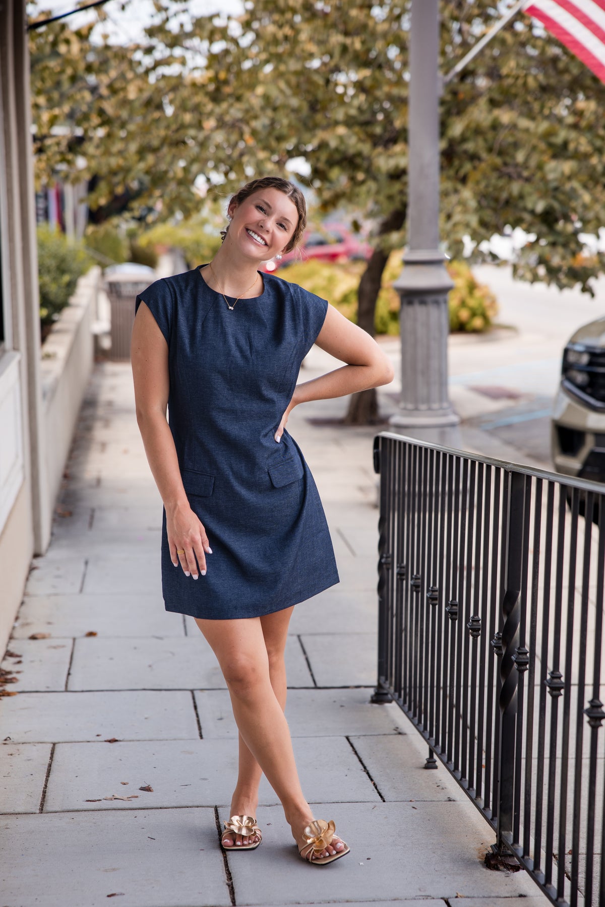 Denim Short Dress with Front Pockets - Navy