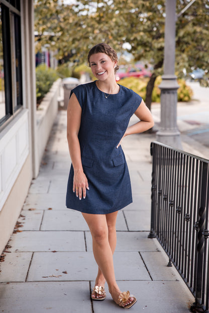 Denim Short Dress with Front Pockets - Navy