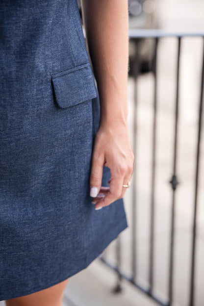 Denim Short Dress with Front Pockets - Navy