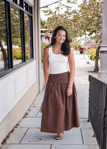 Fold Over Waist Button Skirt - Brown