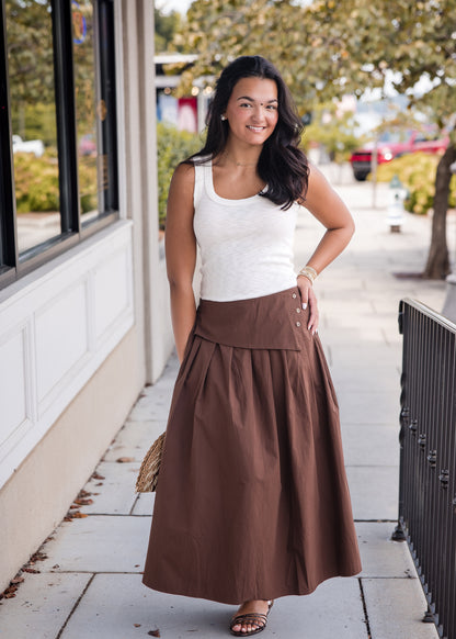 Fold Over Waist Button Skirt - Brown