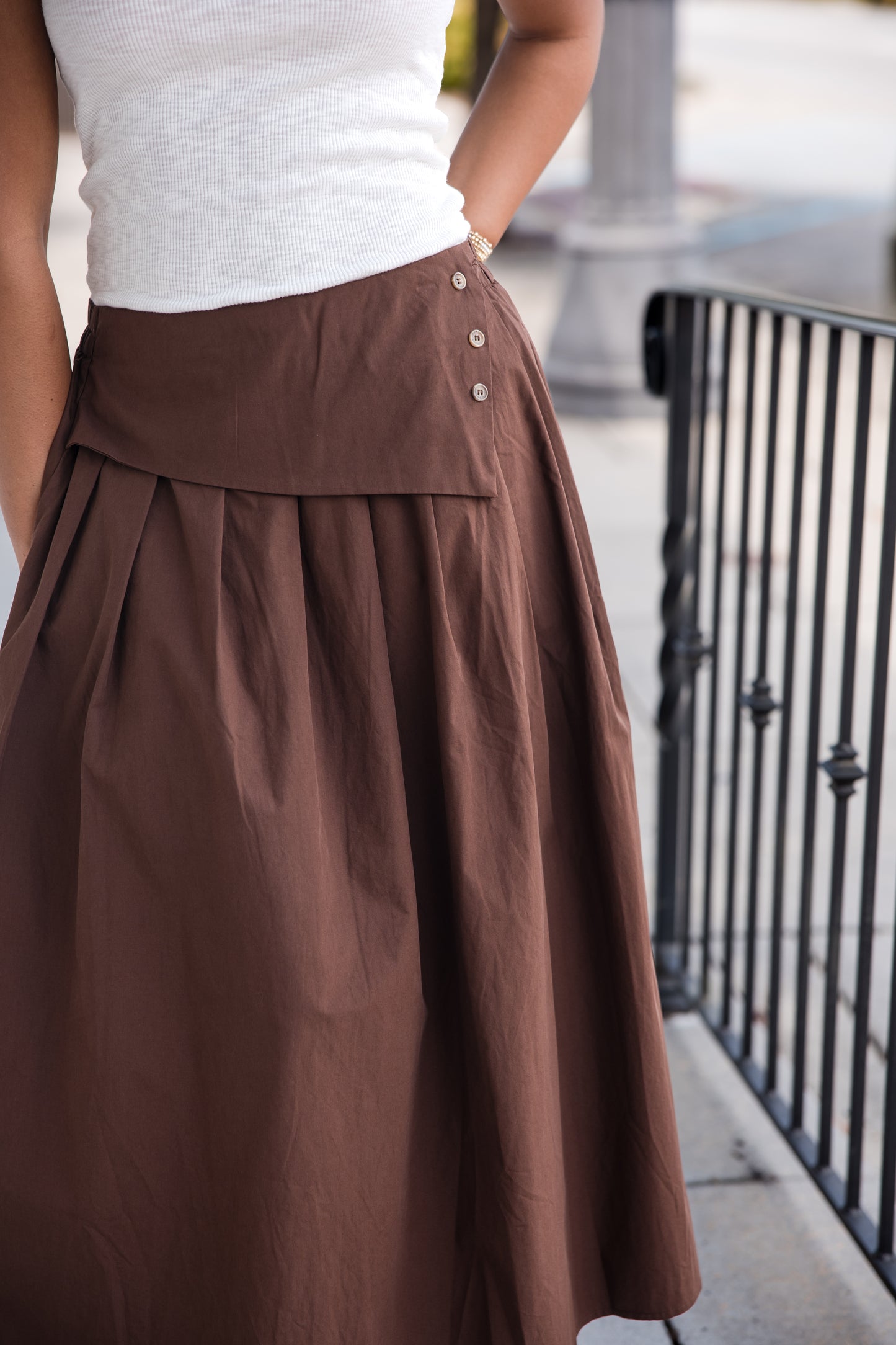 Fold Over Waist Button Skirt - Brown