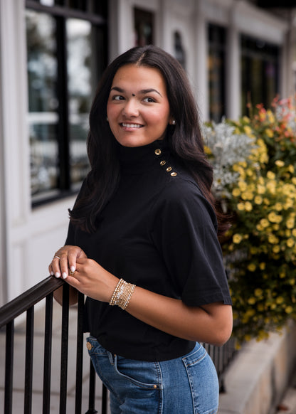 Boxy Buttoned Mock Neck Top - Black