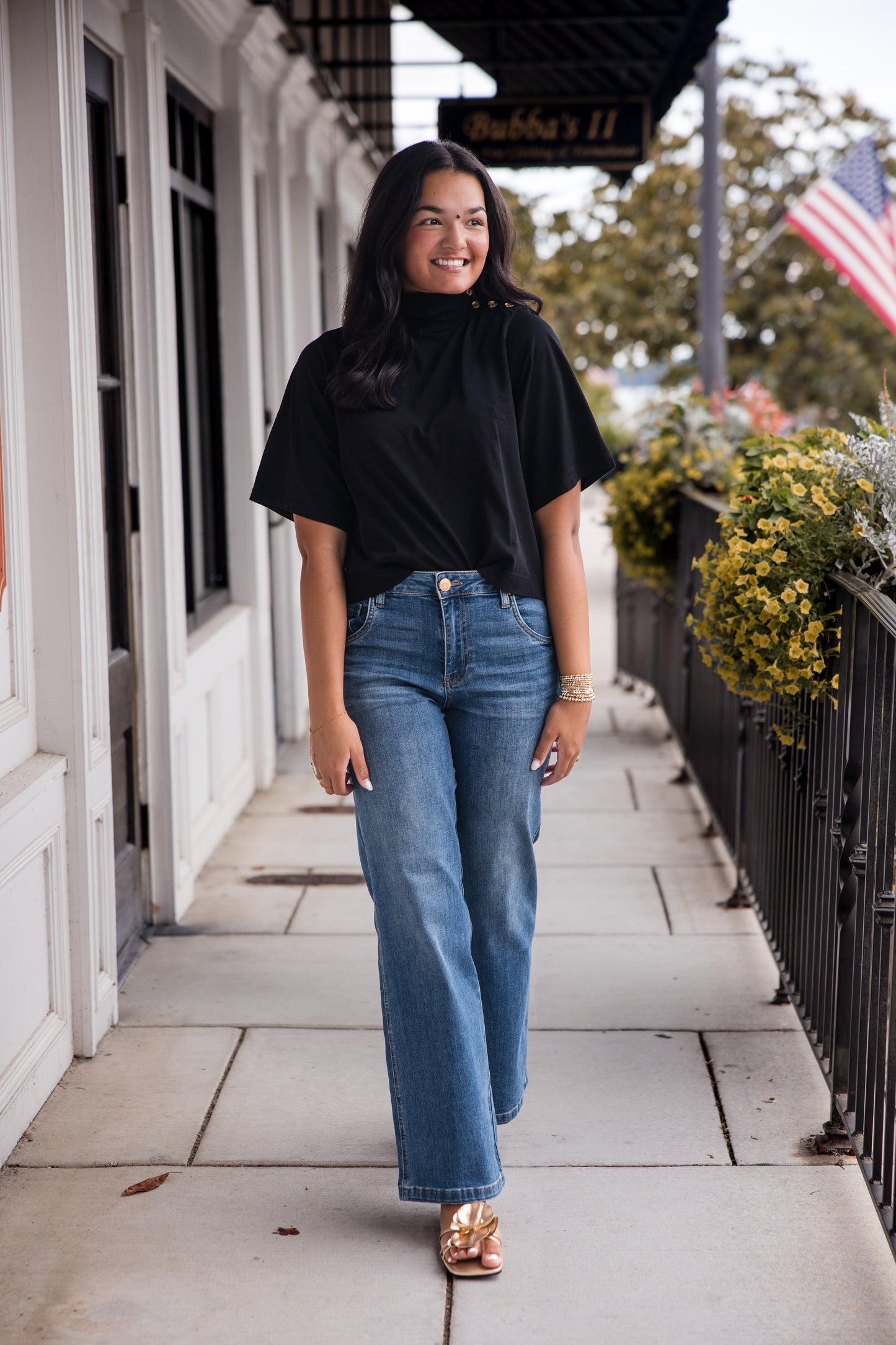 Boxy Buttoned Mock Neck Top - Black