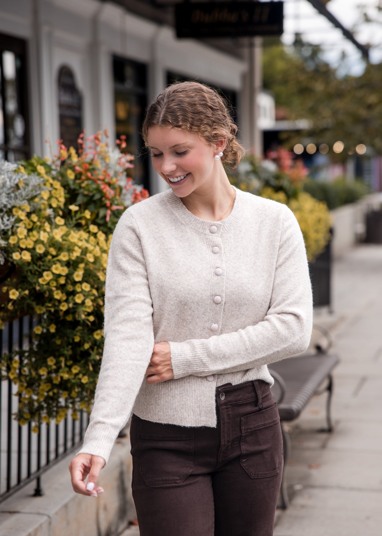 Round Button Cardigan Sweater - Beige