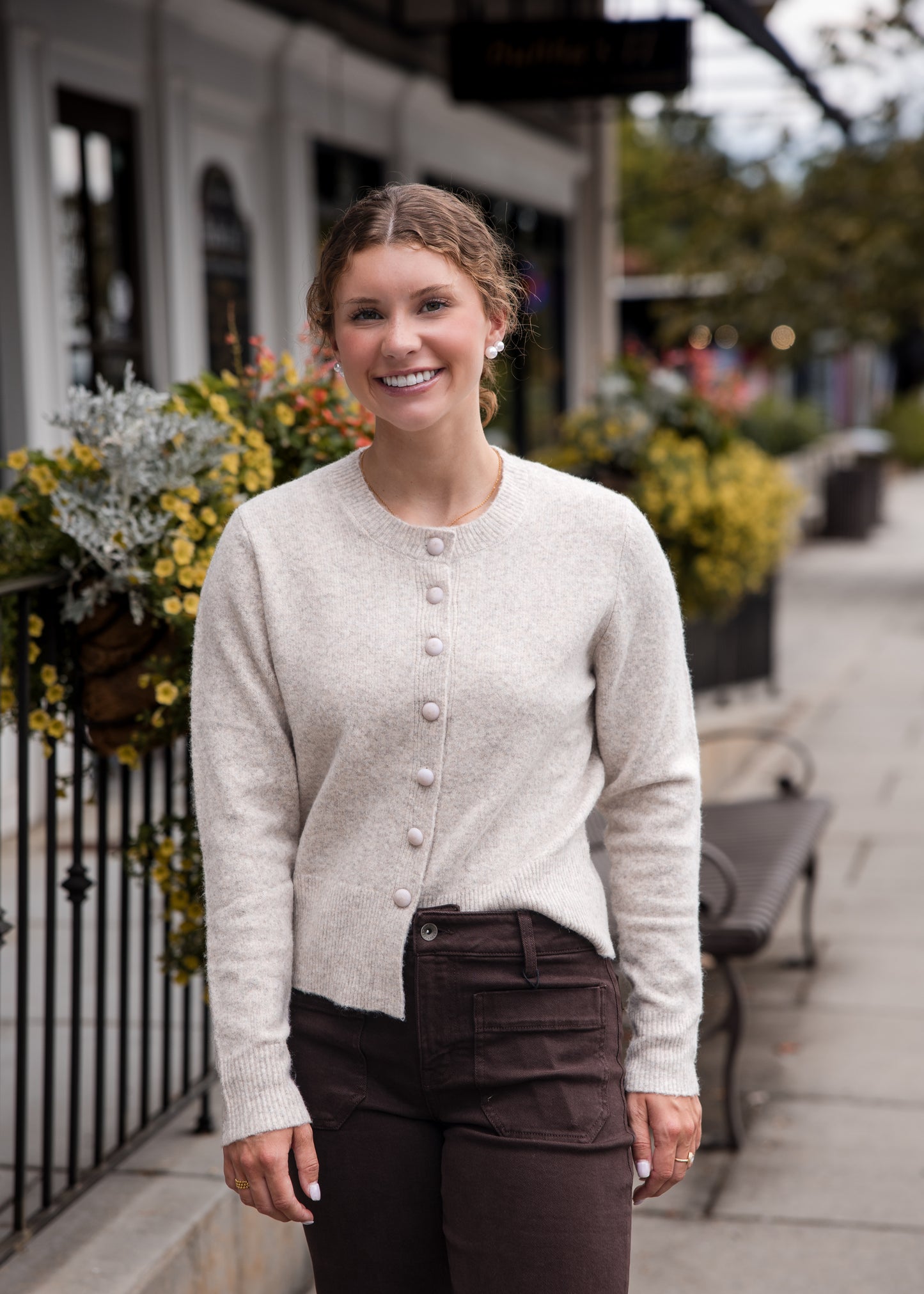 Round Button Cardigan Sweater - Beige