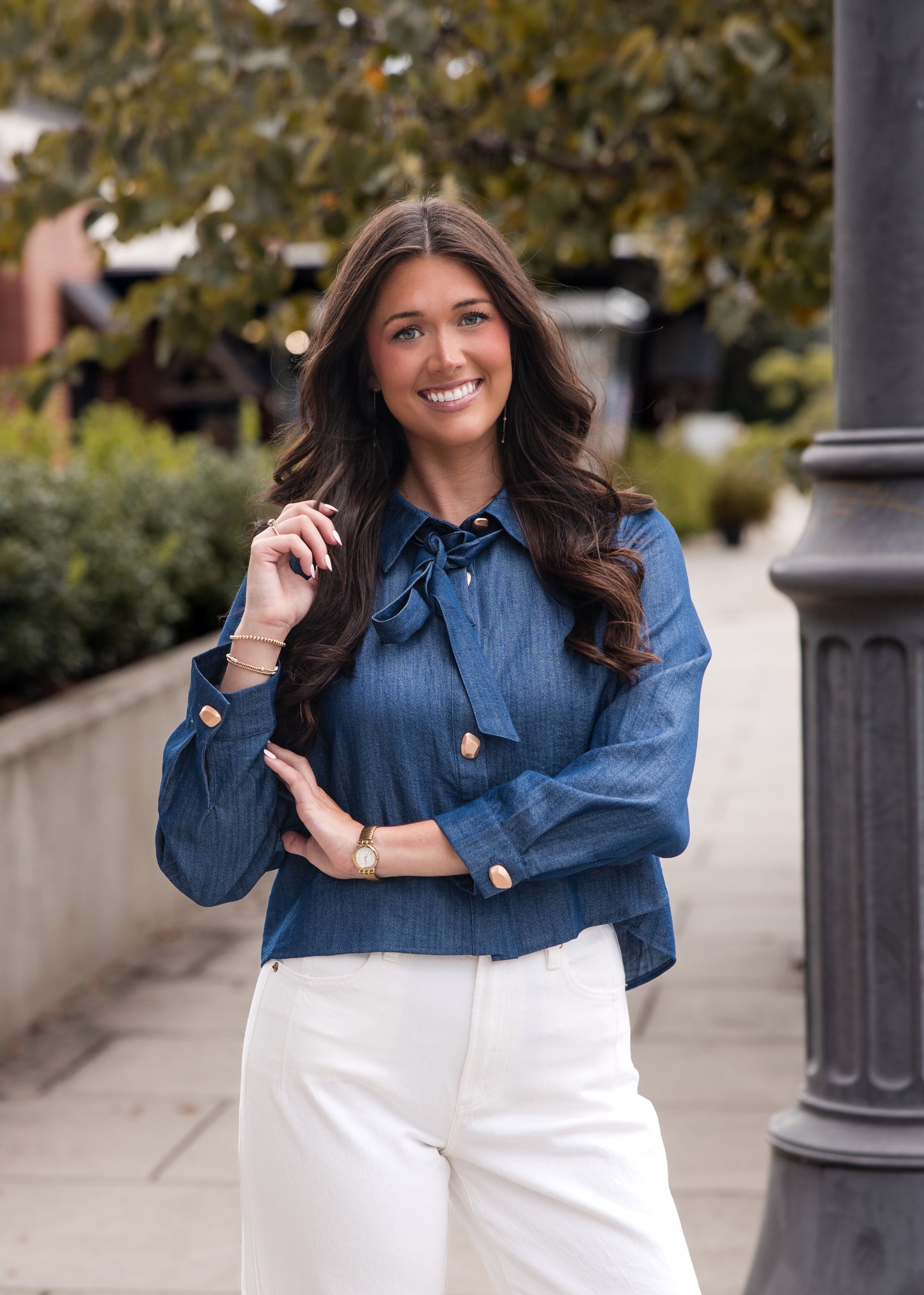 Long Sleeve Denim Tie Top - Dark Blue