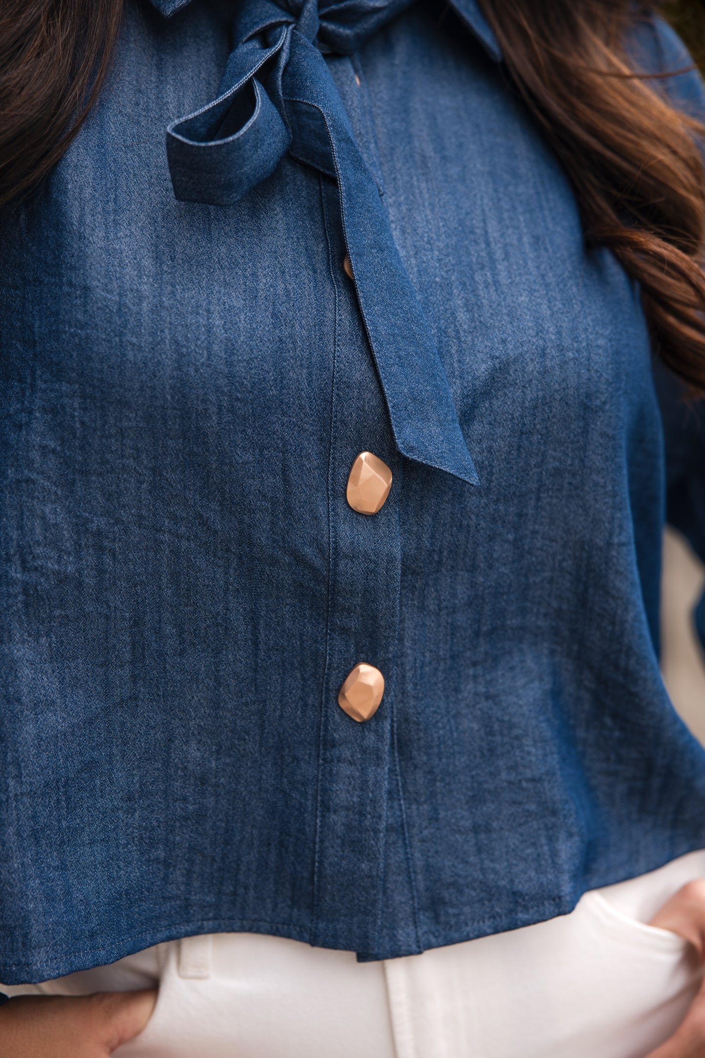 Long Sleeve Denim Tie Top - Dark Blue