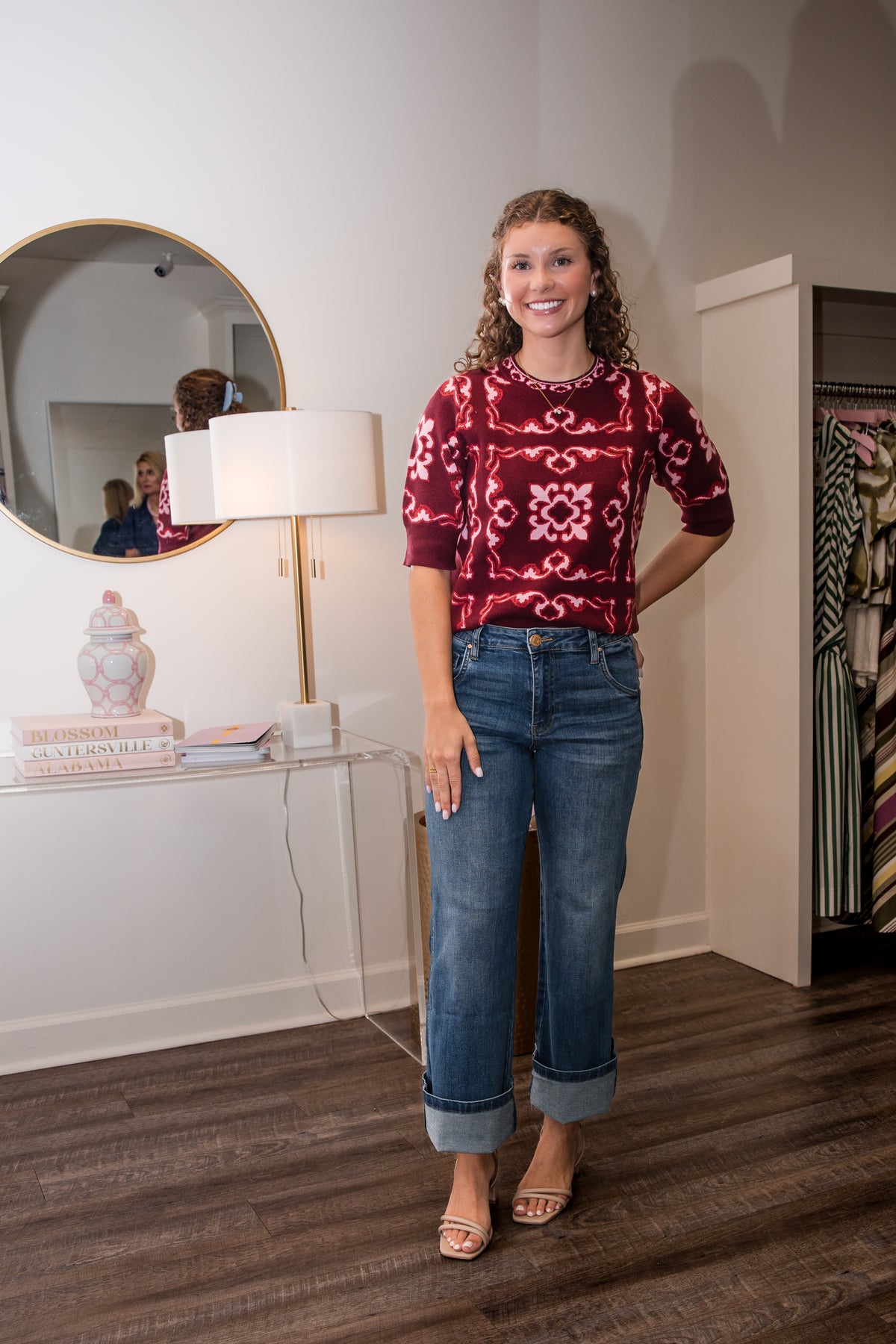 Short Sleeve Pattern Sweater Top - Burgundy
