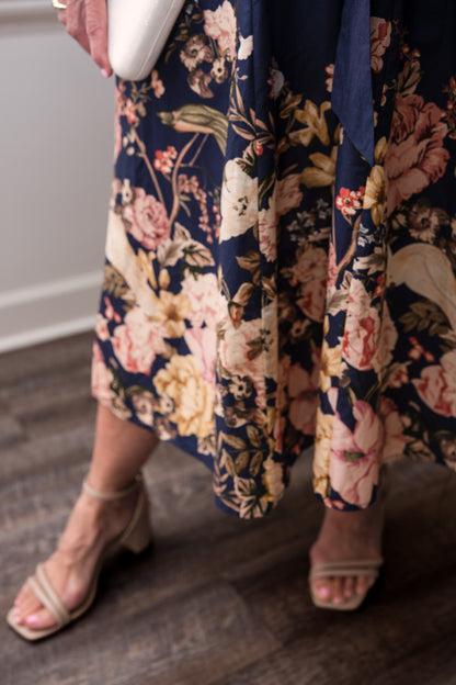 Floral Border Print Midi Dress - Navy