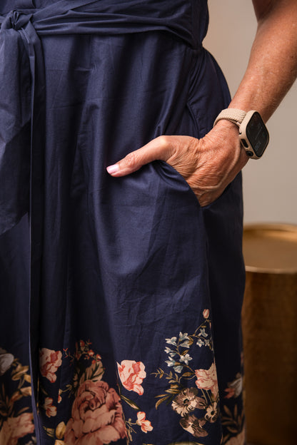 Floral Border Print Midi Dress - Navy