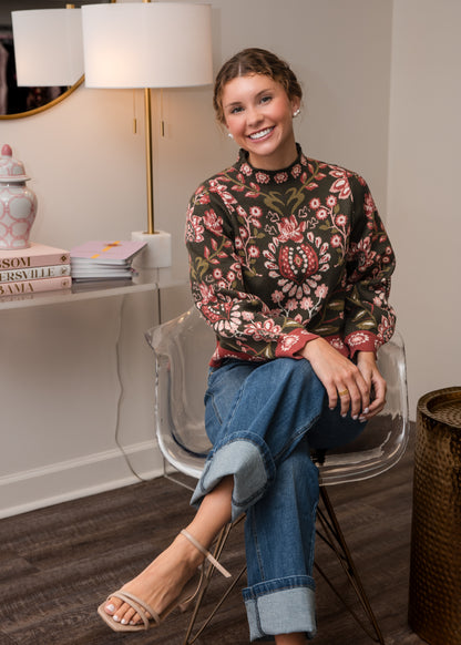 High Neck Long Sleeve Floral Sweater - Olive
