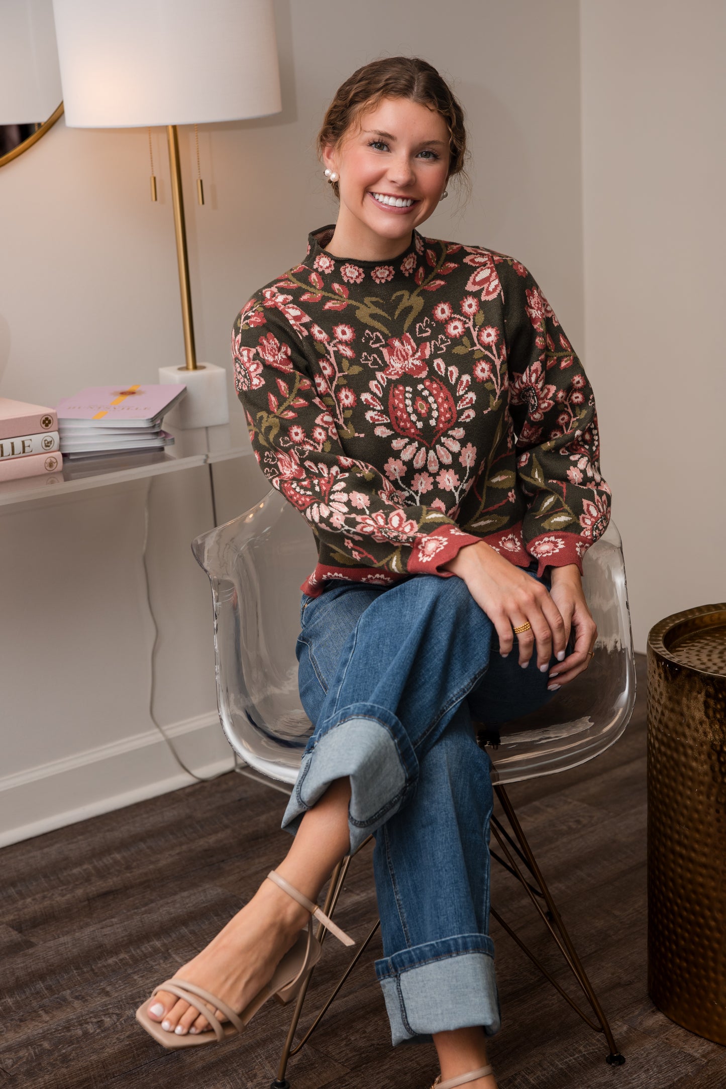 High Neck Long Sleeve Floral Sweater - Olive