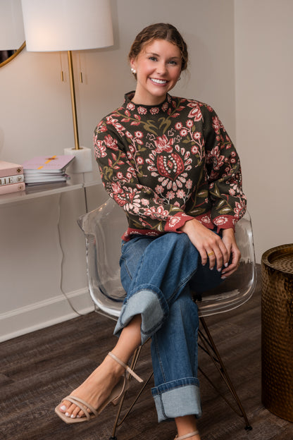 High Neck Long Sleeve Floral Sweater - Olive