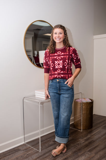 Short Sleeve Pattern Sweater Top - Burgundy