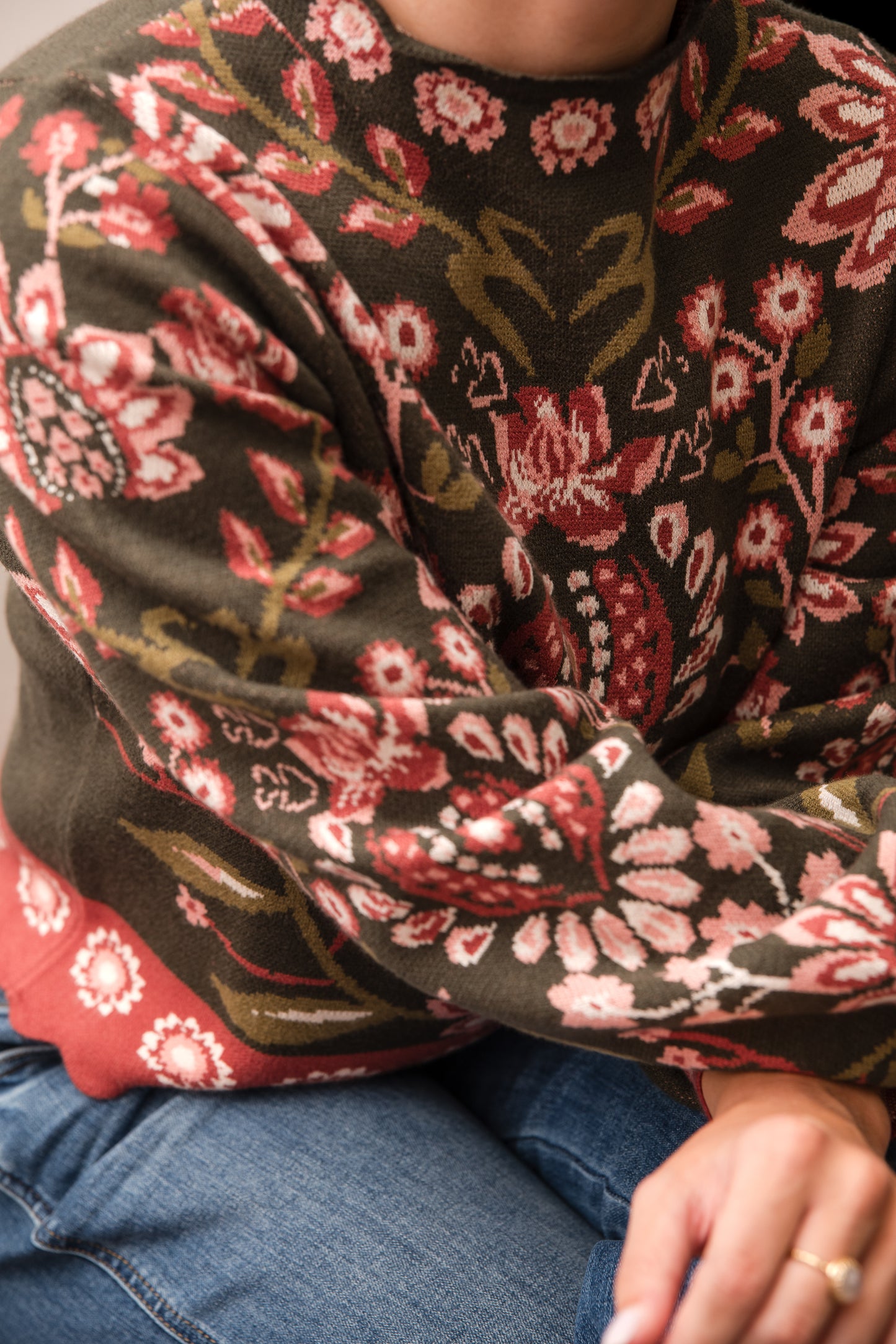 High Neck Long Sleeve Floral Sweater - Olive