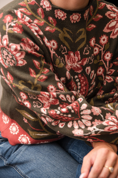 High Neck Long Sleeve Floral Sweater - Olive