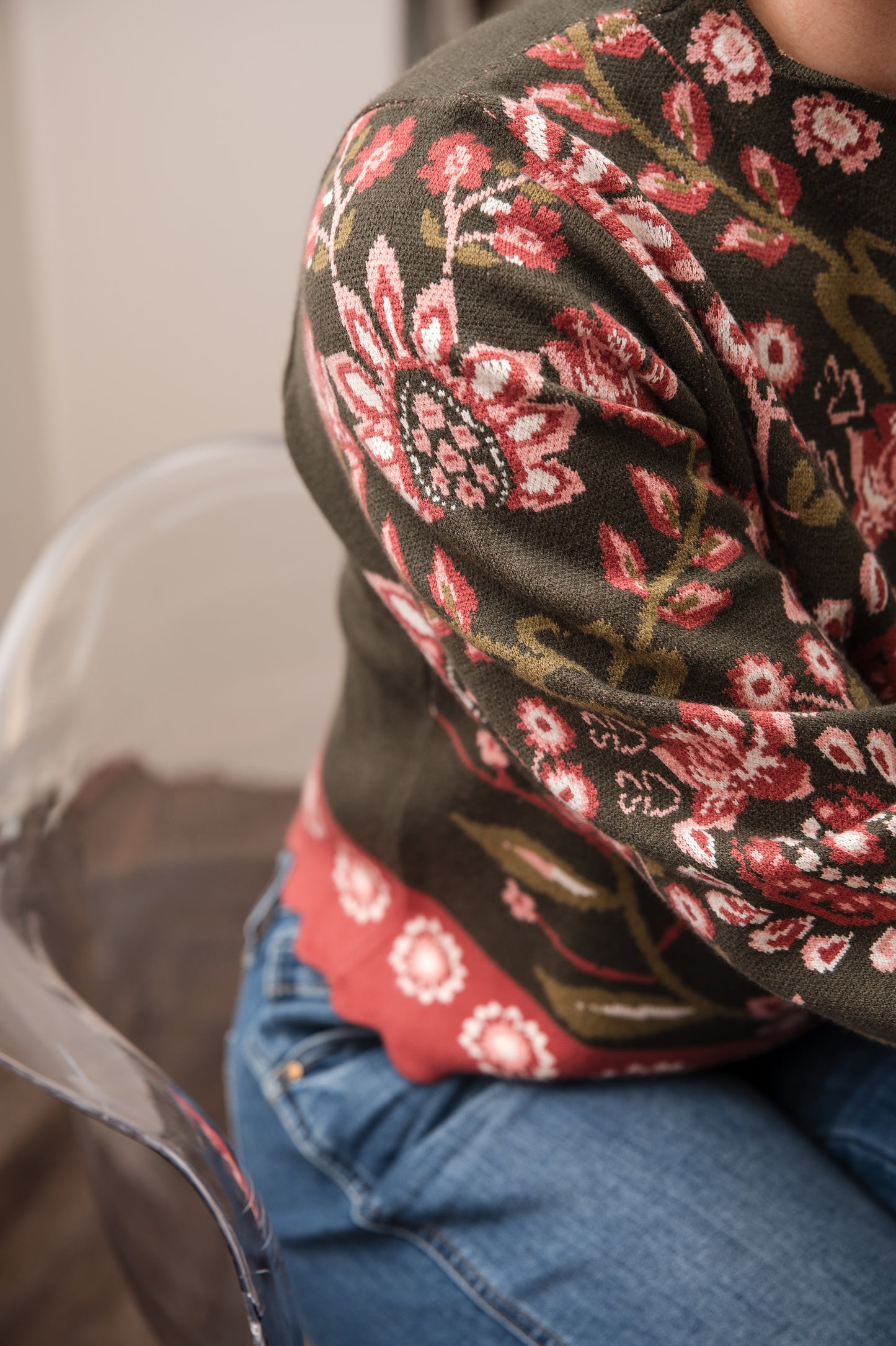 High Neck Long Sleeve Floral Sweater - Olive