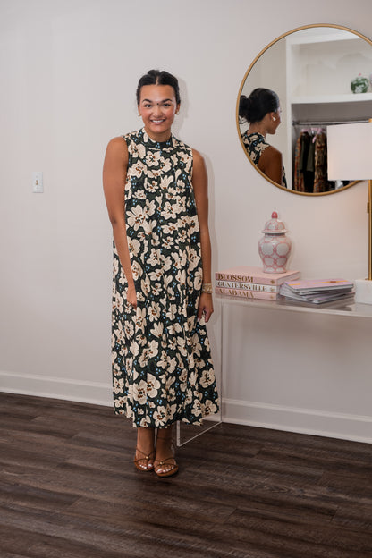 Floral Sleeveless Long Dress with Tie Back - Olive
