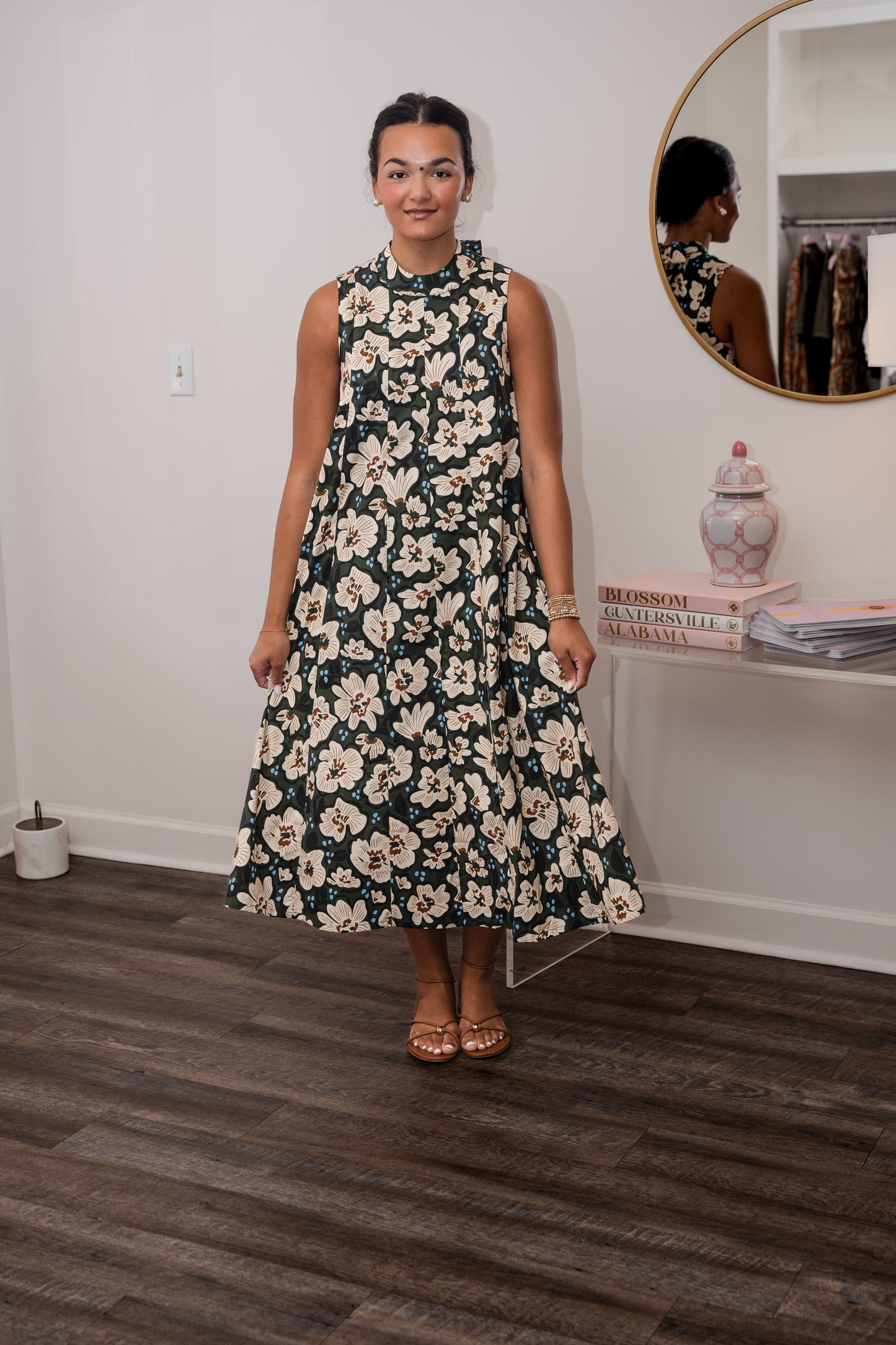 Floral Sleeveless Long Dress with Tie Back - Olive