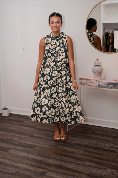 Floral Sleeveless Long Dress with Tie Back - Olive