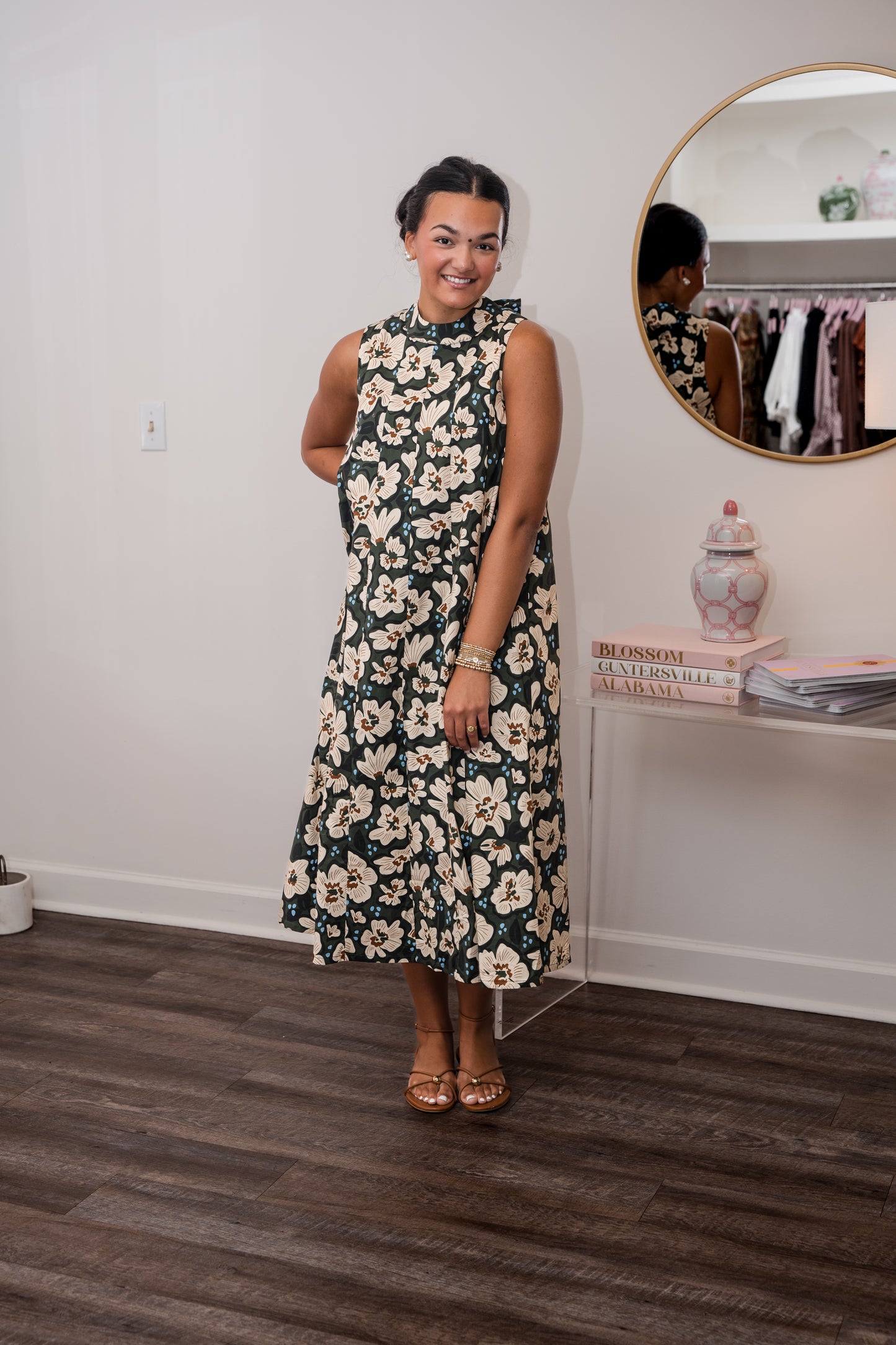 Floral Sleeveless Long Dress with Tie Back - Olive