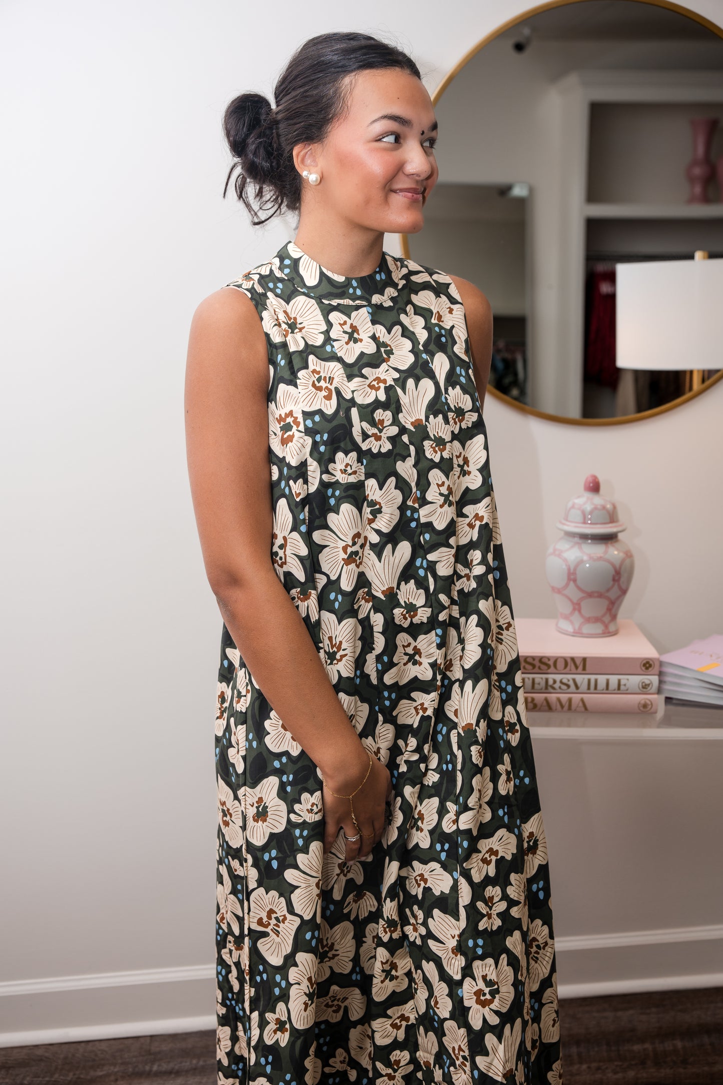 Floral Sleeveless Long Dress with Tie Back - Olive