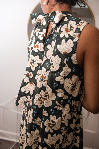 Floral Sleeveless Long Dress with Tie Back - Olive