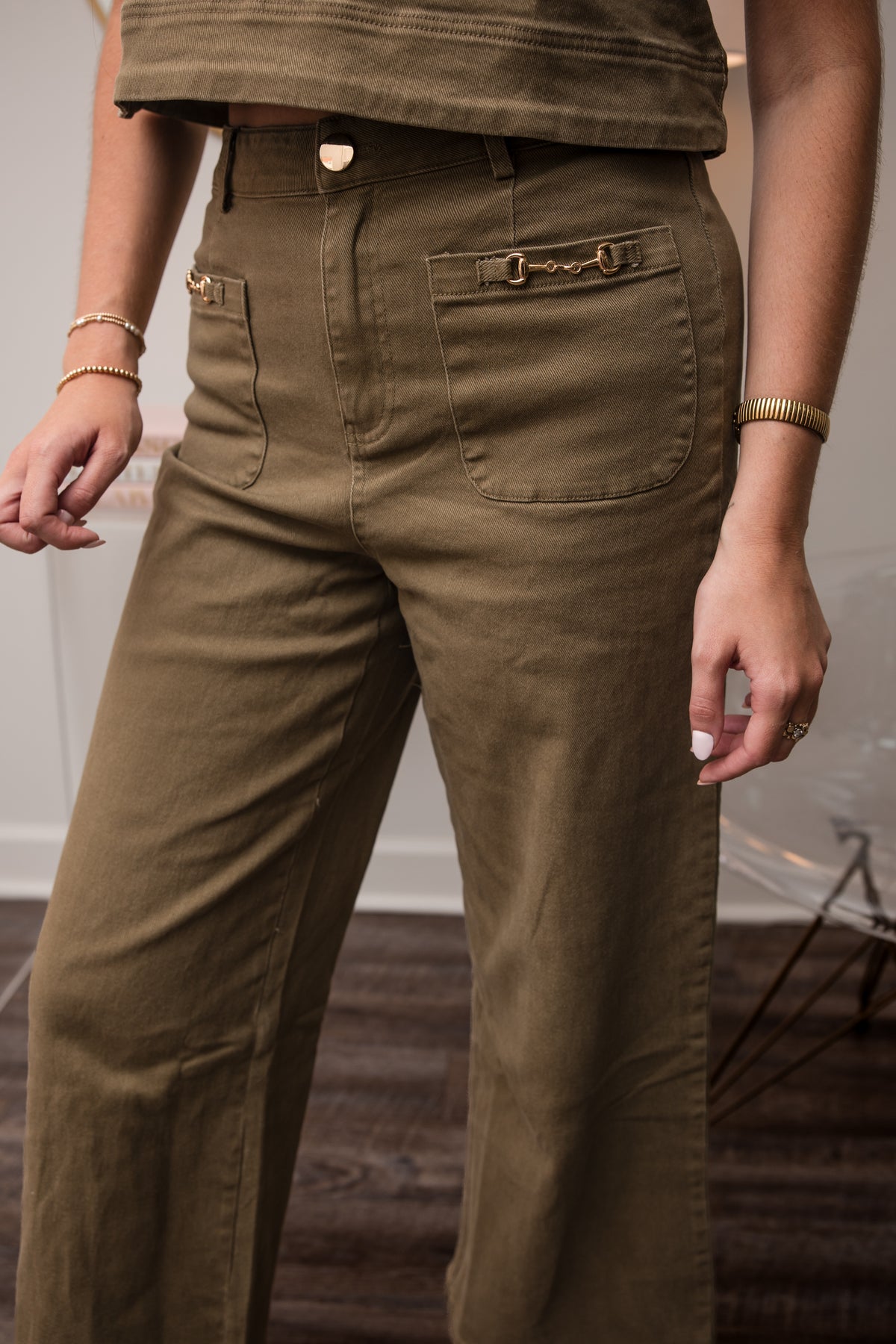 Wide Leg Pants with Gold Hardware Detail - Olive