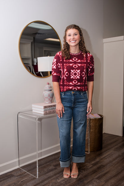 Short Sleeve Pattern Sweater Top - Burgundy